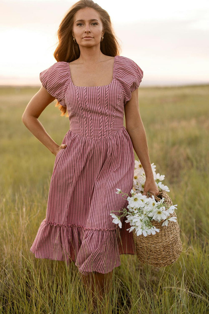 Monica Dress in Pink & Brown Gingham