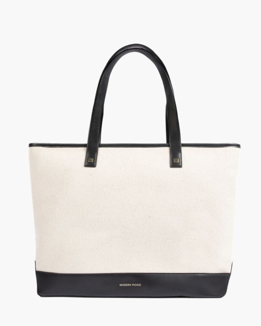 Vegan Leather Work Tote Bag with Removable Insulated Pouch, Black Canvas