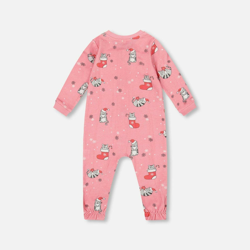 One-Piece Organic Cotton Pajama Pink Cat Print