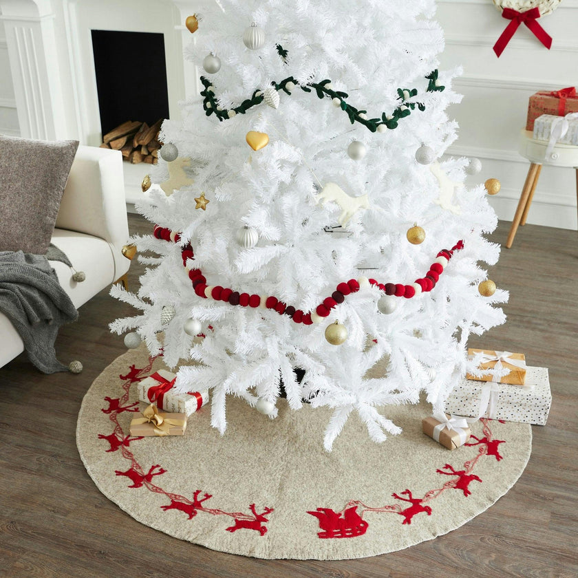 Handmade Reindeer Christmas Tree Skirt- Grey Red Reindeer And Cream Whip Stitch-72"