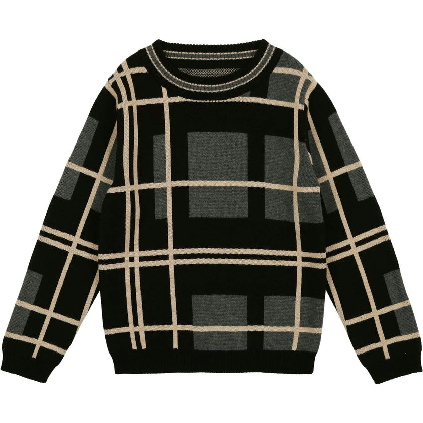 Preppy Plaid Wide Round Neck Relaxed Fit Sweater