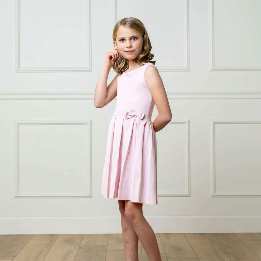 Organic Sleeveless Pleated Sweater Dress with Bow, Pink