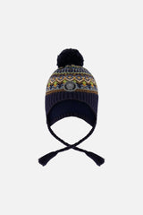 Lined Peruvian Knit Hat With Pompom Taupe And Navy
