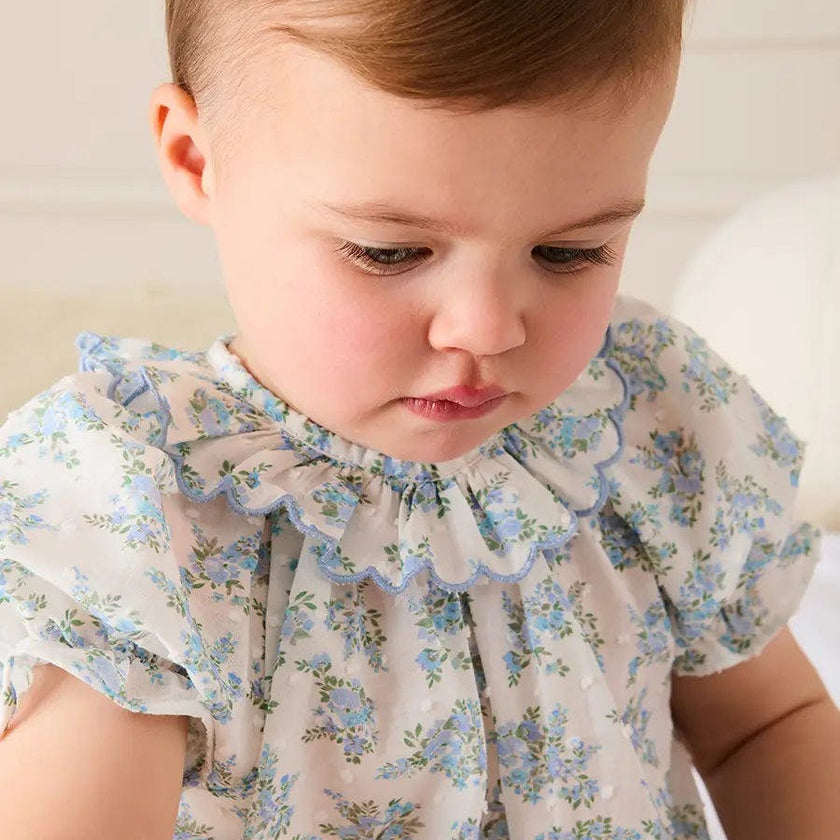 Esme Floral Swiss Voile Scallop Detail All-In-One Pyjamas in Blue (9mths-2yrs)