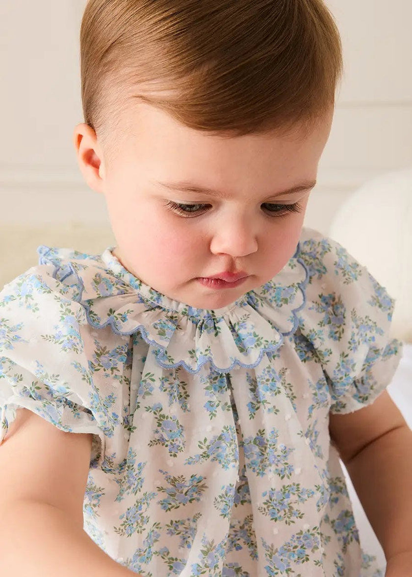 Esme Floral Swiss Voile Scallop Detail All-In-One Pyjamas in Blue (9mths-2yrs)
