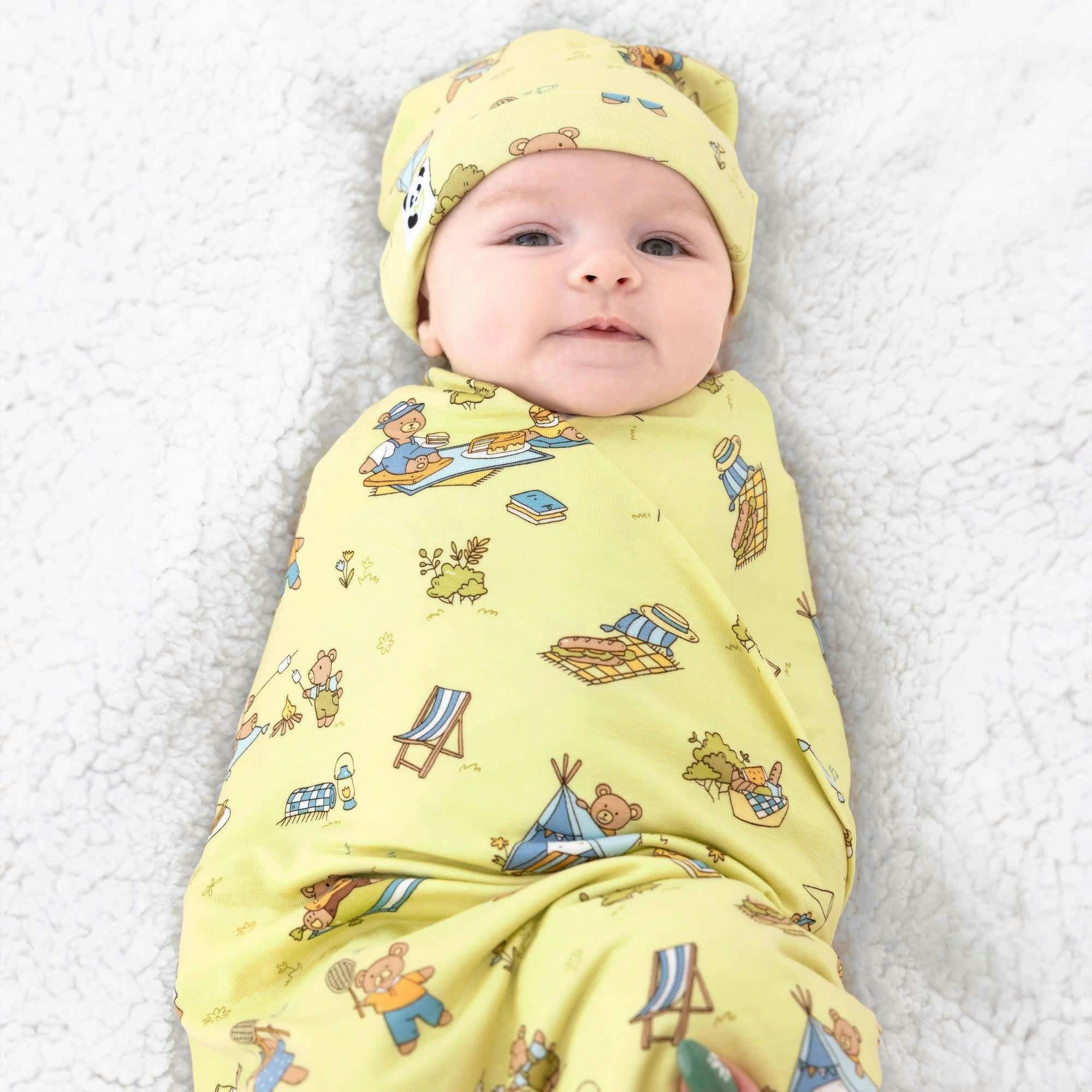 Teddy Picnic Bamboo Swaddle & Beanie Set