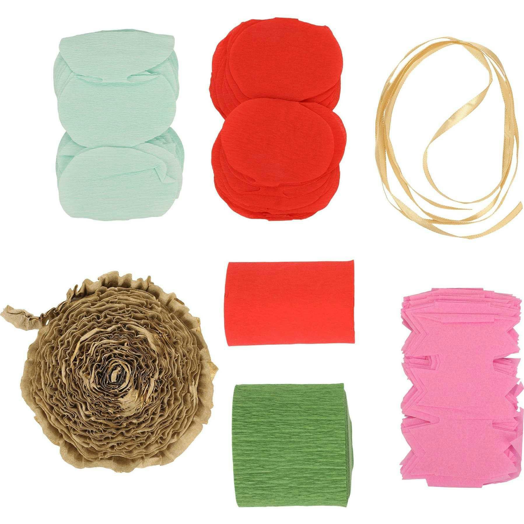 Packed Party Holiday Hues Crepe Paper Streamer Backdrop Kit - 6 Colors of 72-Inch Crepe Paper Rolls with 60-Inch Gold Satin Ribbon for Holiday Photo Walls