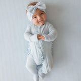 Soft Cloud Blue Pointelle Footie Ruffled Zippered One Piece