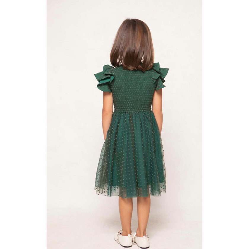 Mini Hattie Dress in Green Flocked Dot Tulle