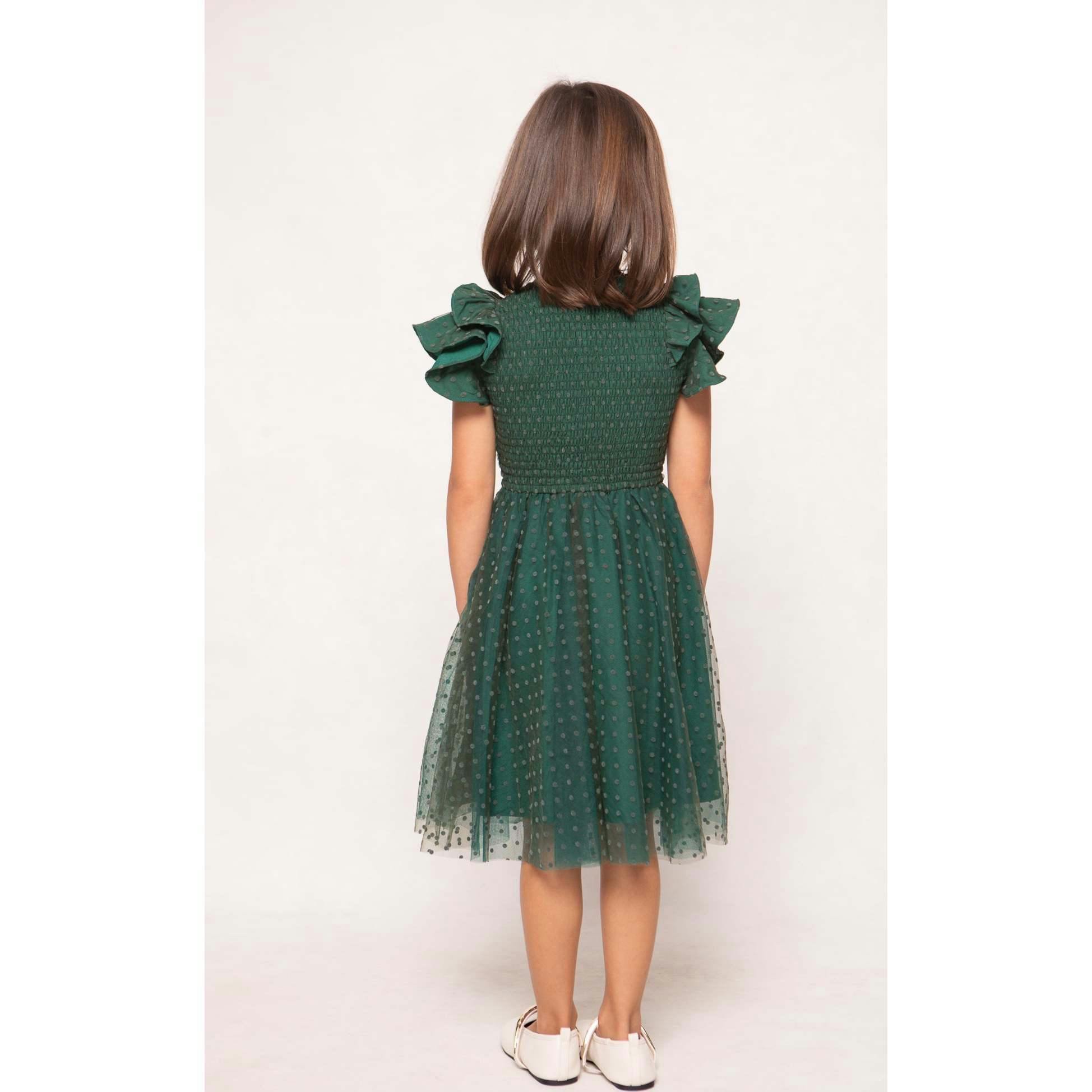 Mini Hattie Dress in Green Flocked Dot Tulle