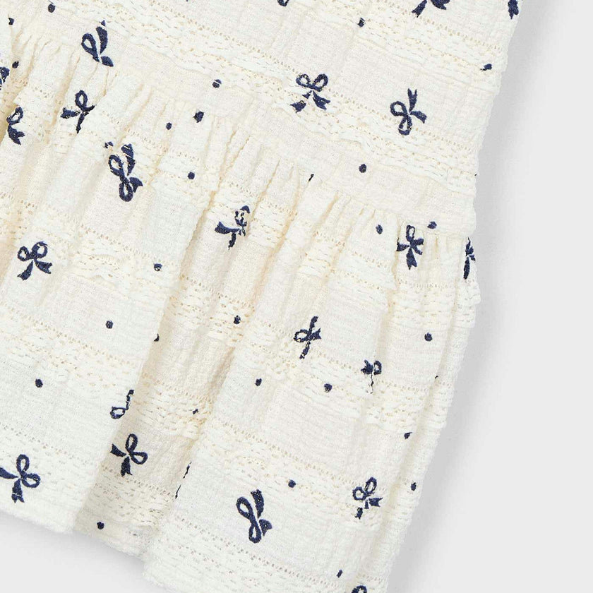 White Bow-Pattern Drop-Waist Dress