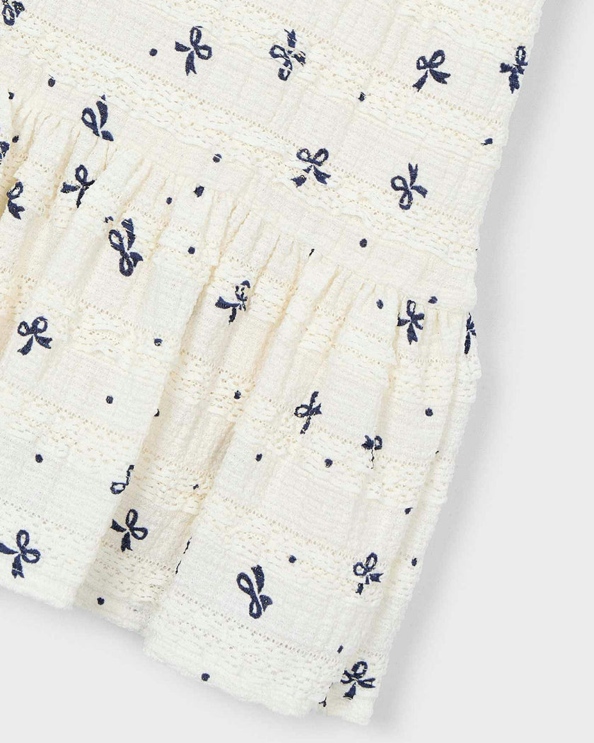 White Bow-Pattern Drop-Waist Dress