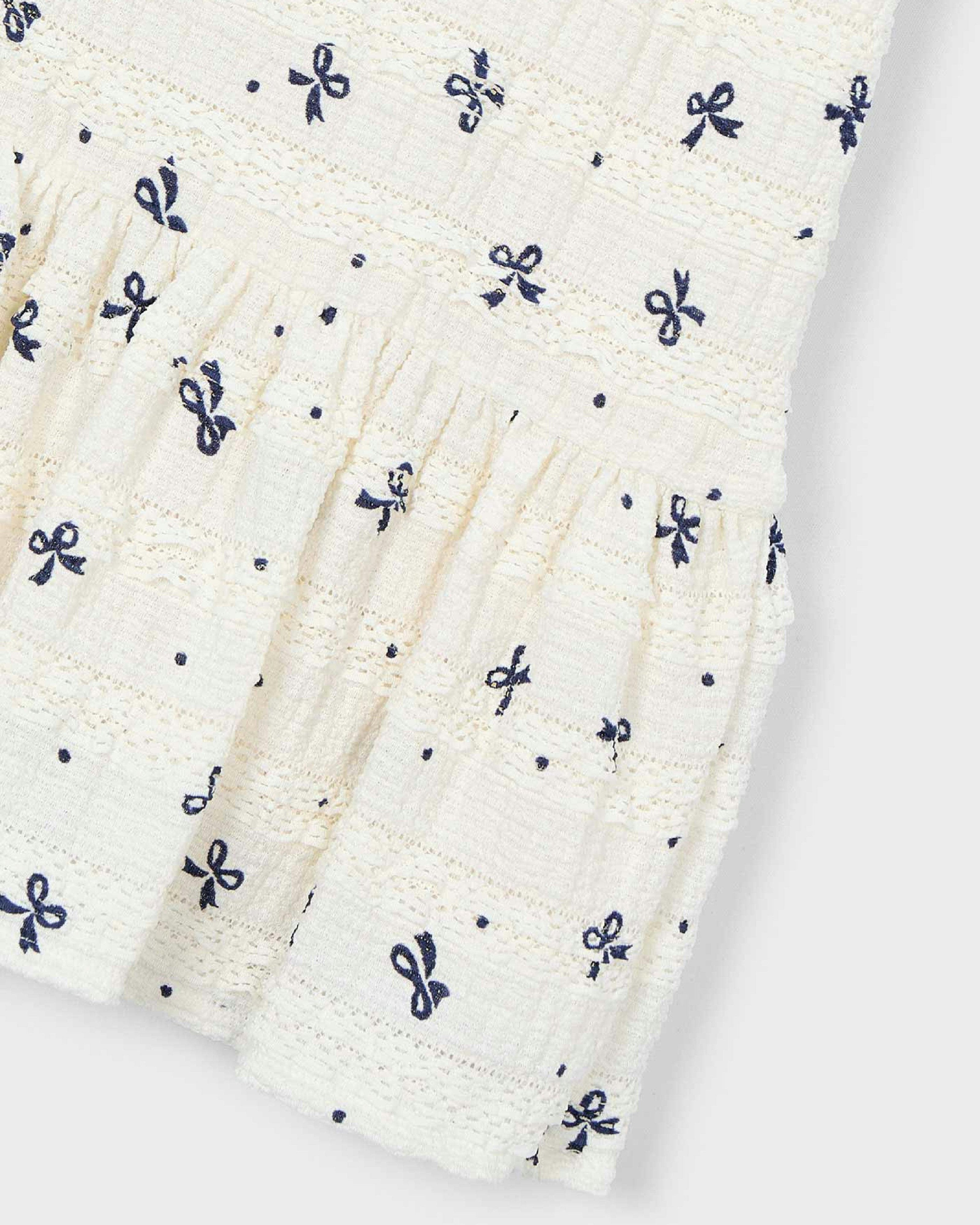 White Bow-Pattern Drop-Waist Dress