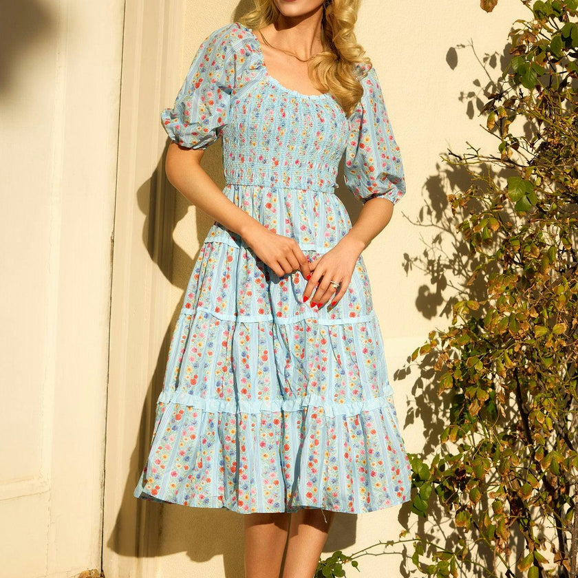 Roselyn Dress in Blue Linear Floral Print