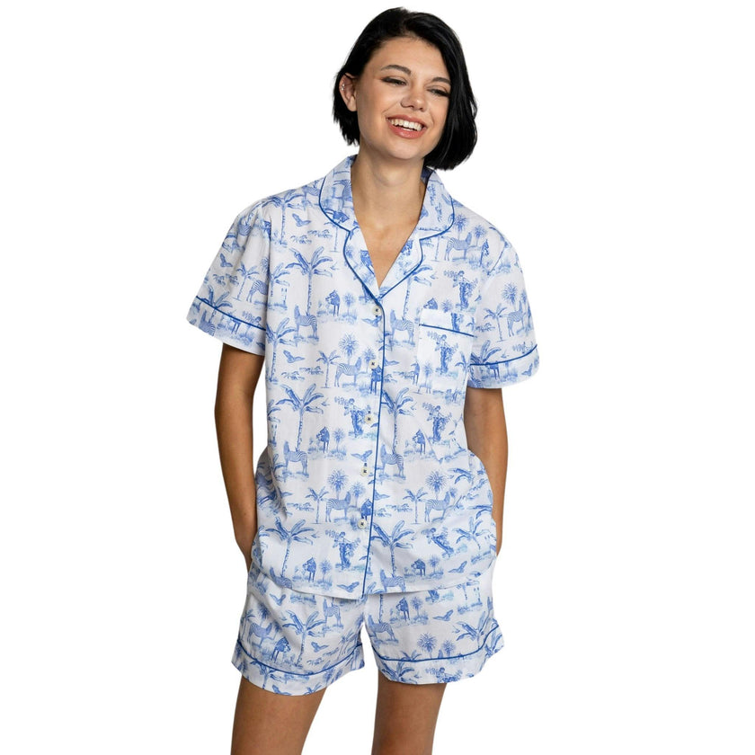 Women's Skydog Toile Blue Short PJ Set - Organic Cotton Poplin