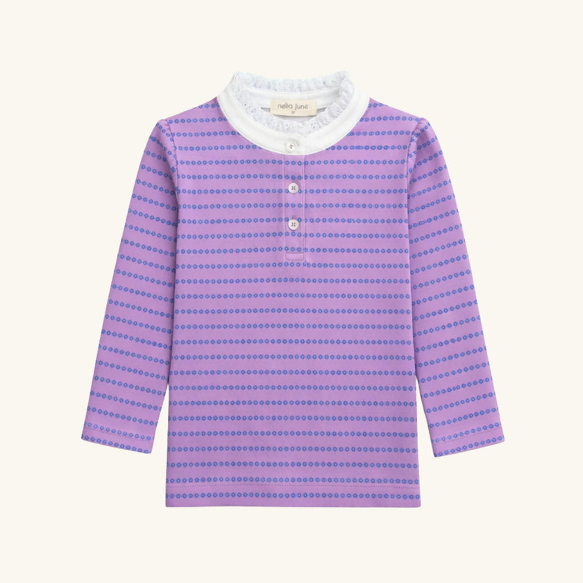 Lace Trim Long Sleeve Tee in Purple Floral Stripe
