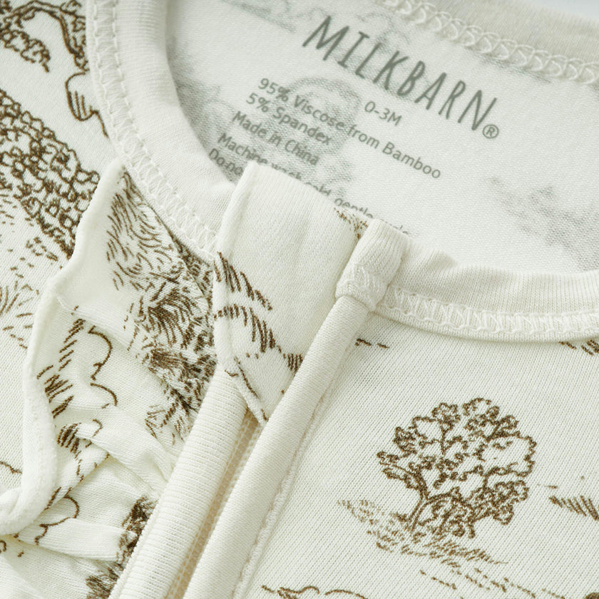 Country Toile Luxe Stretch Ruffle Footed Romper