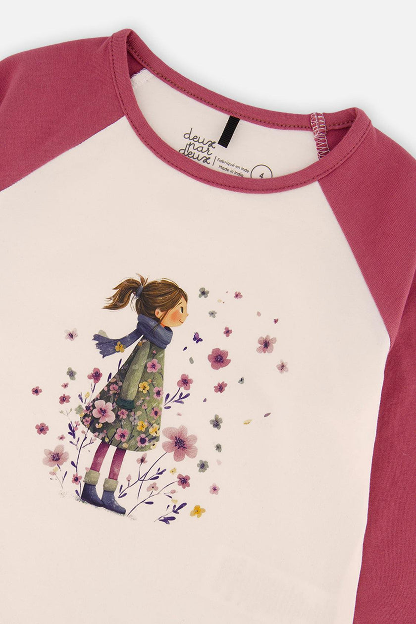 Raglan Organic Cotton T-Shirt Pinkish Violet And White