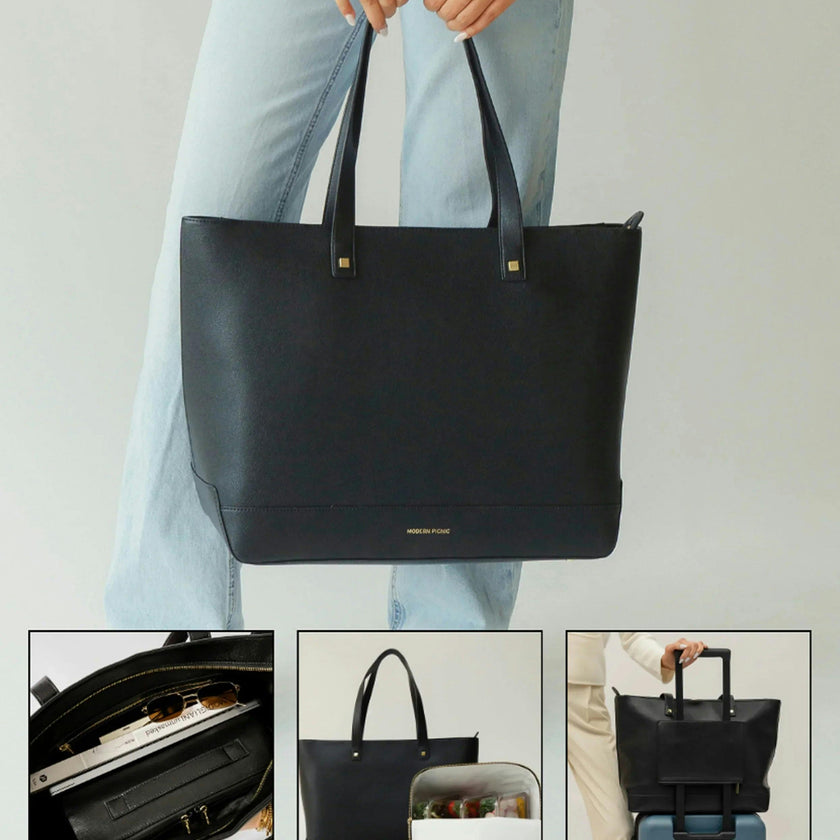 Vegan Leather Work Tote Bag with Removable Insulated Pouch