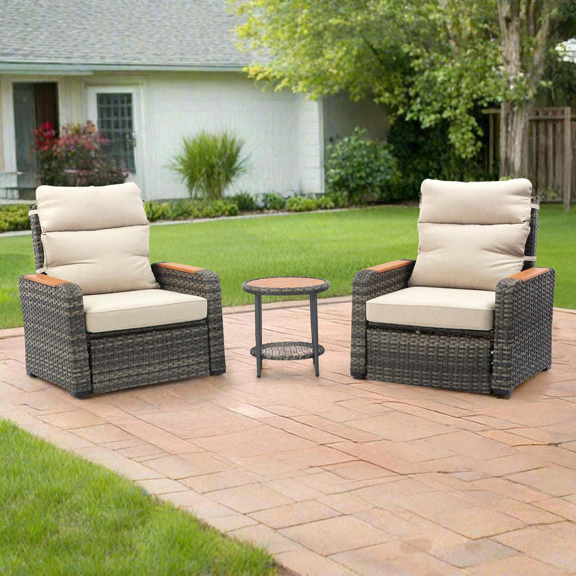 Teamson Home Outdoor Seating Wicker Frame & Wood Armrests Recliner Set in Gray