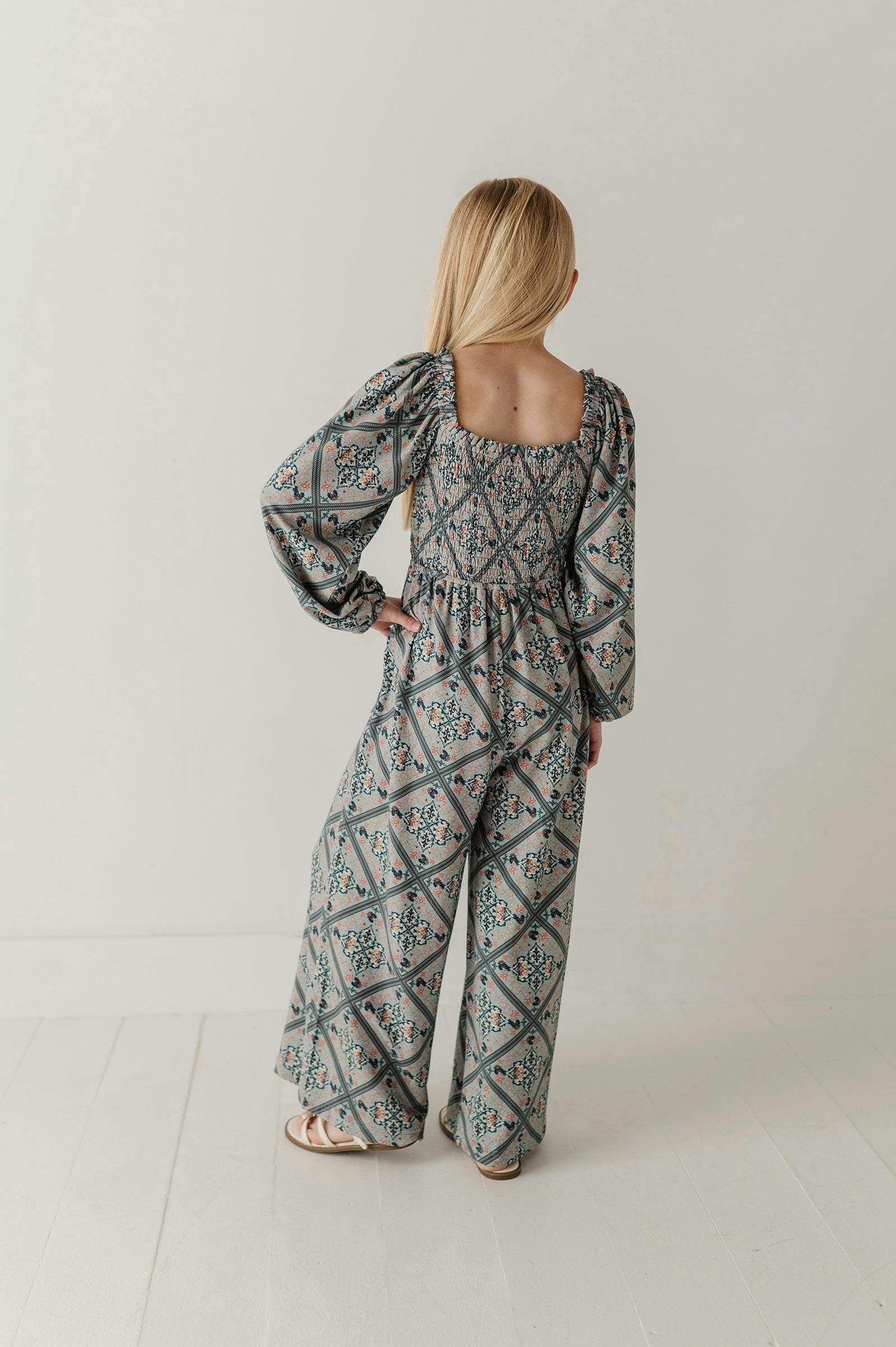 Girls Smocking Knit Jumpsuit in Landon Ethnic Diamond