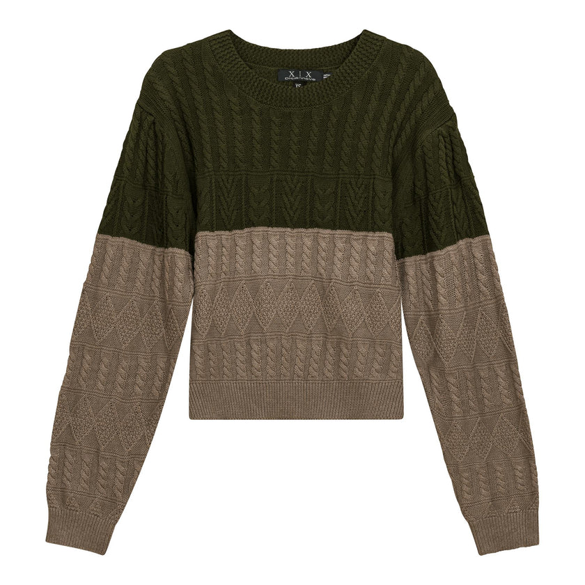 Cropped 2 Tone Cable Knit Sweater