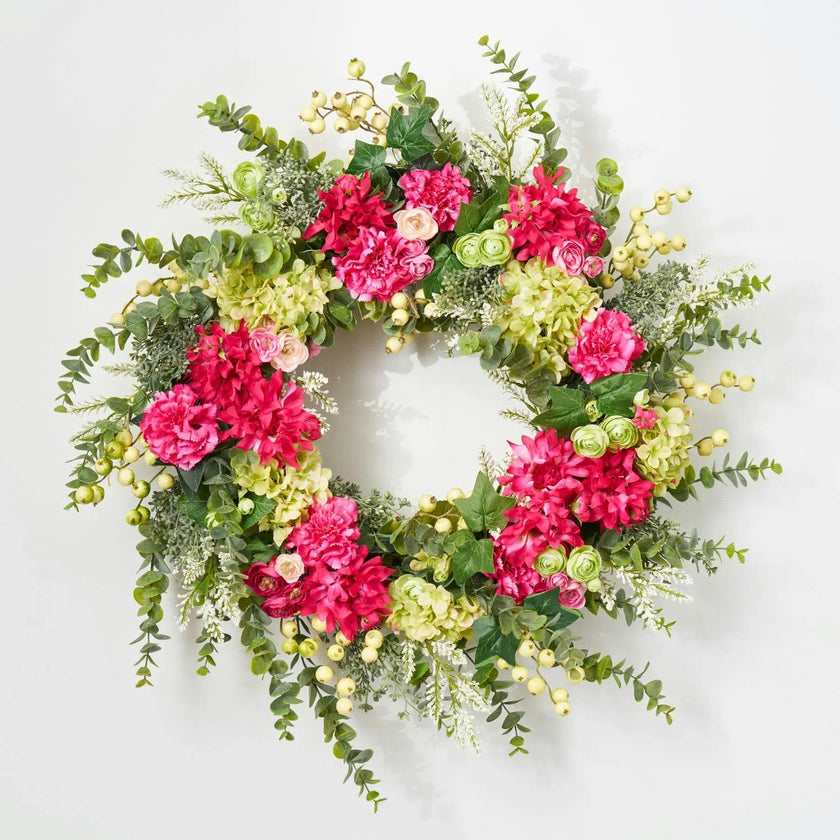 Hydrangea Dahlia Wreath - Fuchsia & Green Spring Summer Door Decor