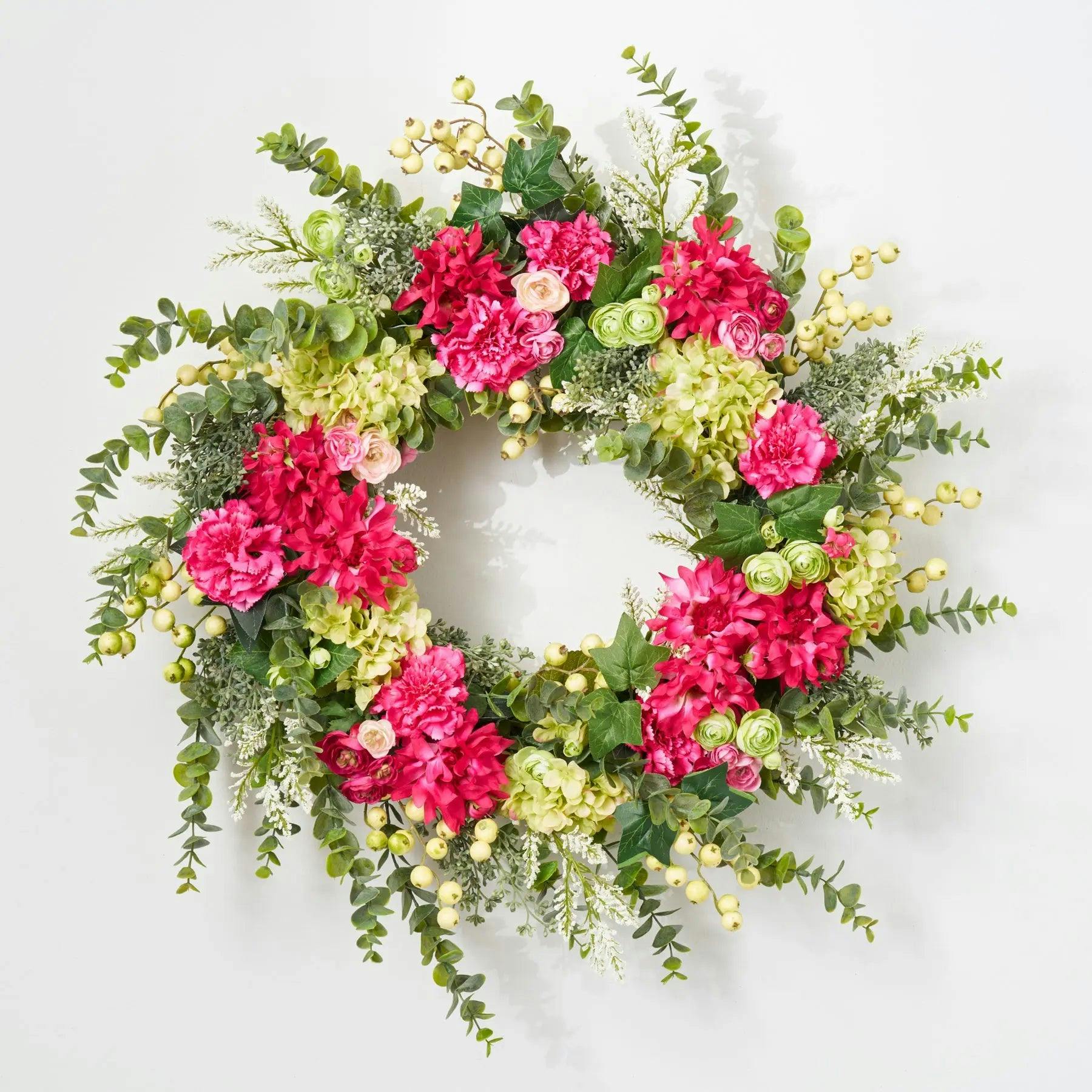 Hydrangea Dahlia Wreath - Fuchsia & Green Spring Summer Door Decor