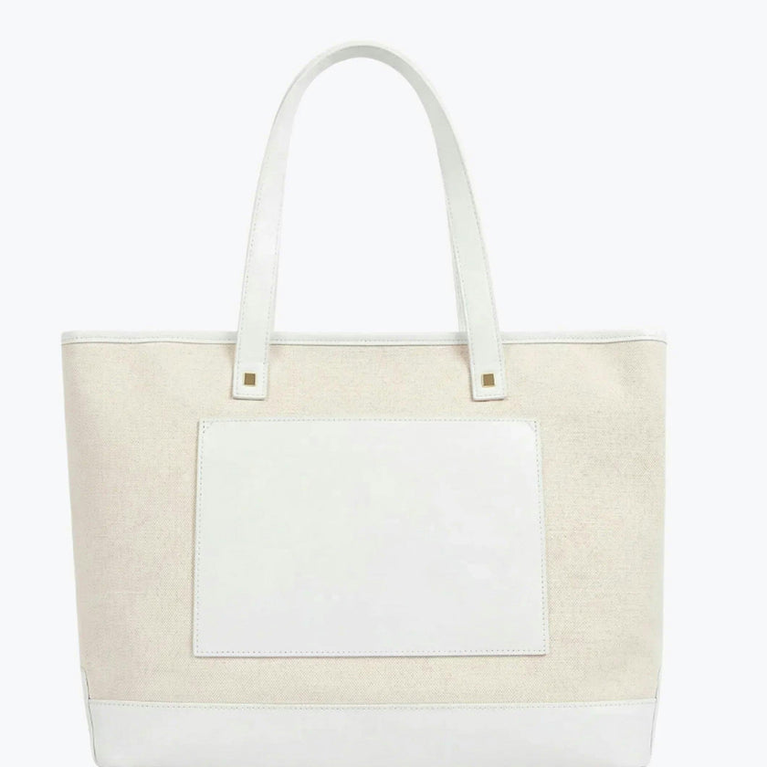 Vegan Leather Work Tote Bag with Removable Insulated Pouch, White Canvas