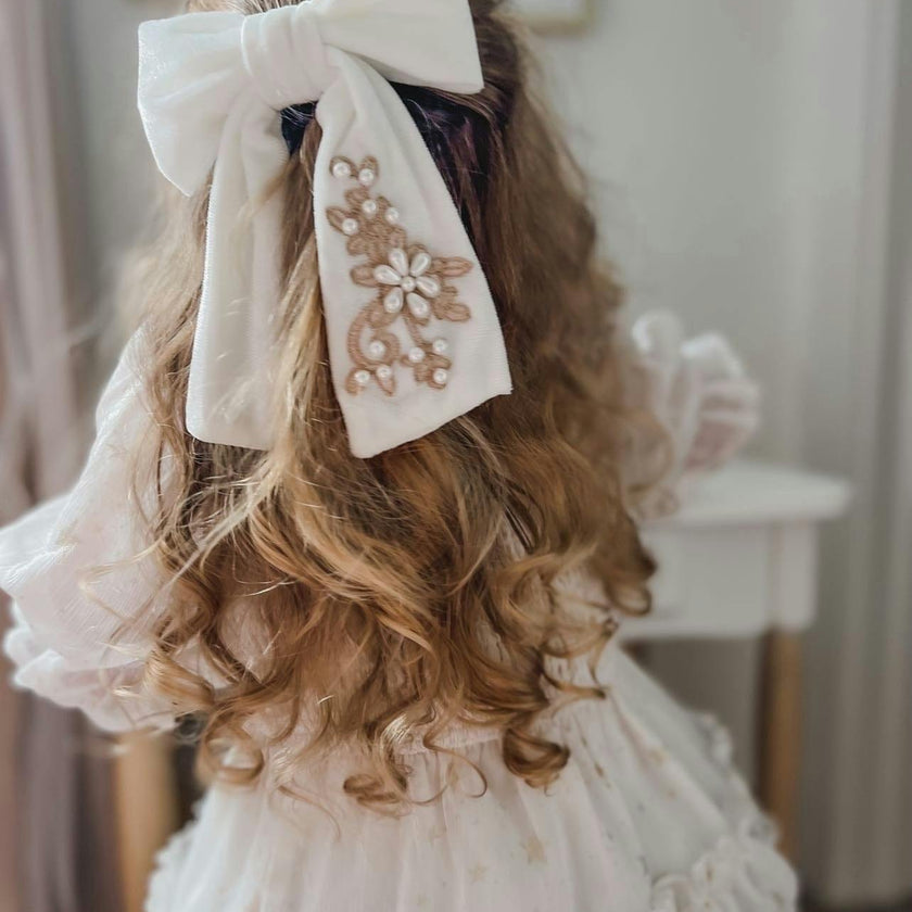 Embroidered Velvet Pearl Hair Bow