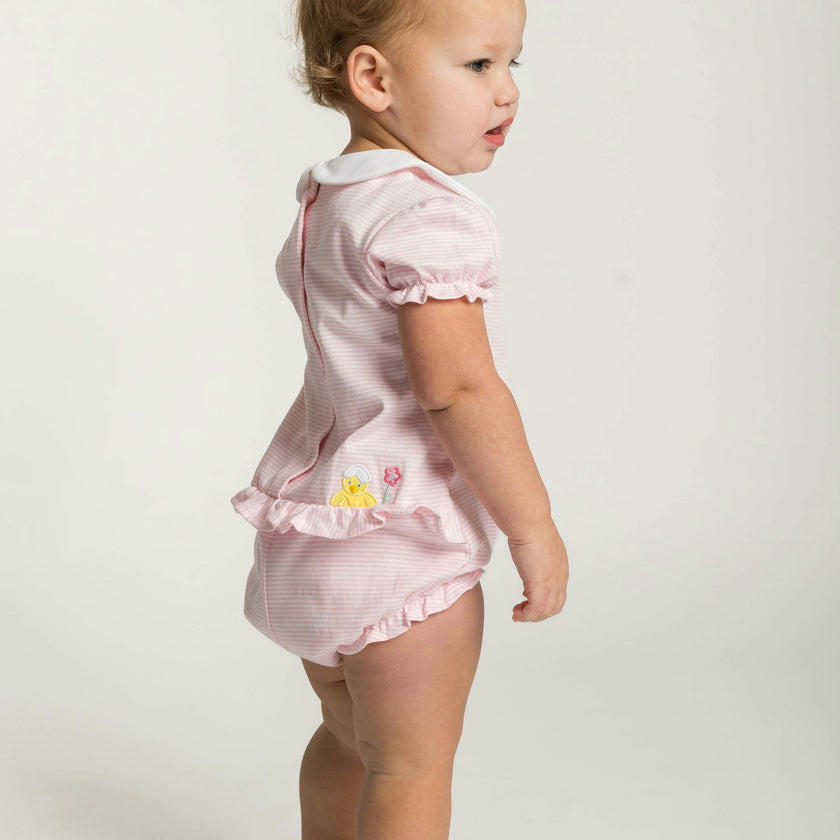 Stripe Knit Romper With Flowers & Chick