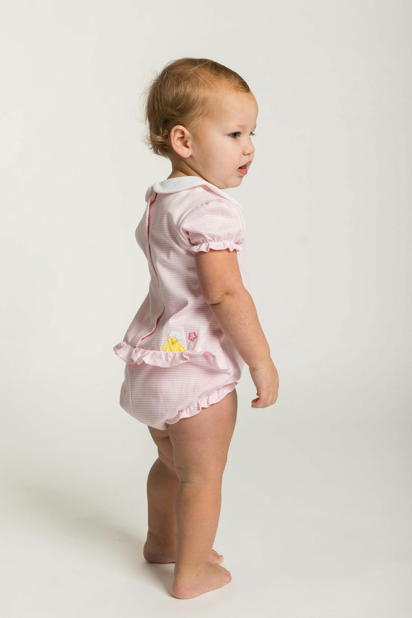 Stripe Knit Romper With Flowers & Chick