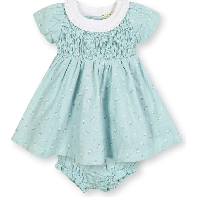 Short Sleeve Linen Dress with Ruffle Collar, Blue