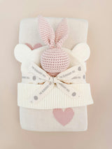 Heart I Love You Blanket, Hat, and Bunny Rattle Gift Set