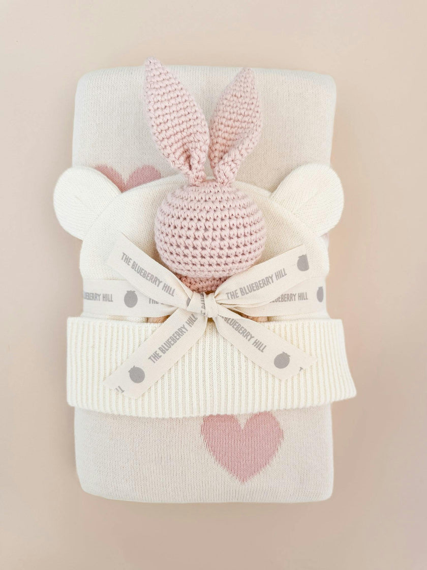 Heart I Love You Blanket, Hat, and Bunny Rattle Gift Set