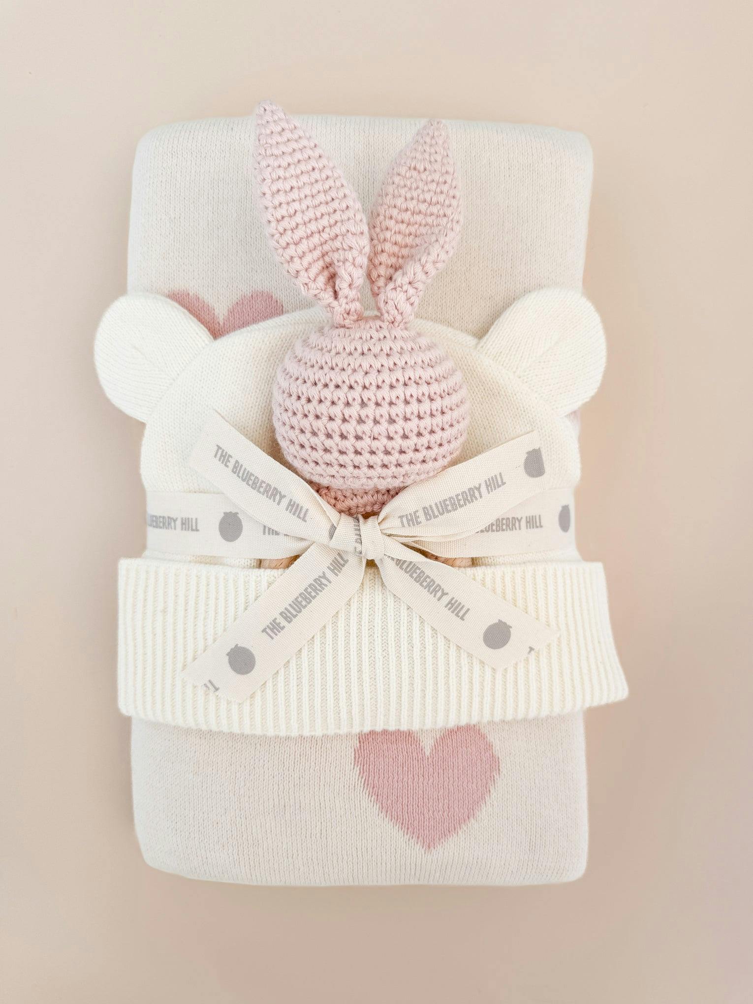 Heart I Love You Blanket, Hat, and Bunny Rattle Gift Set