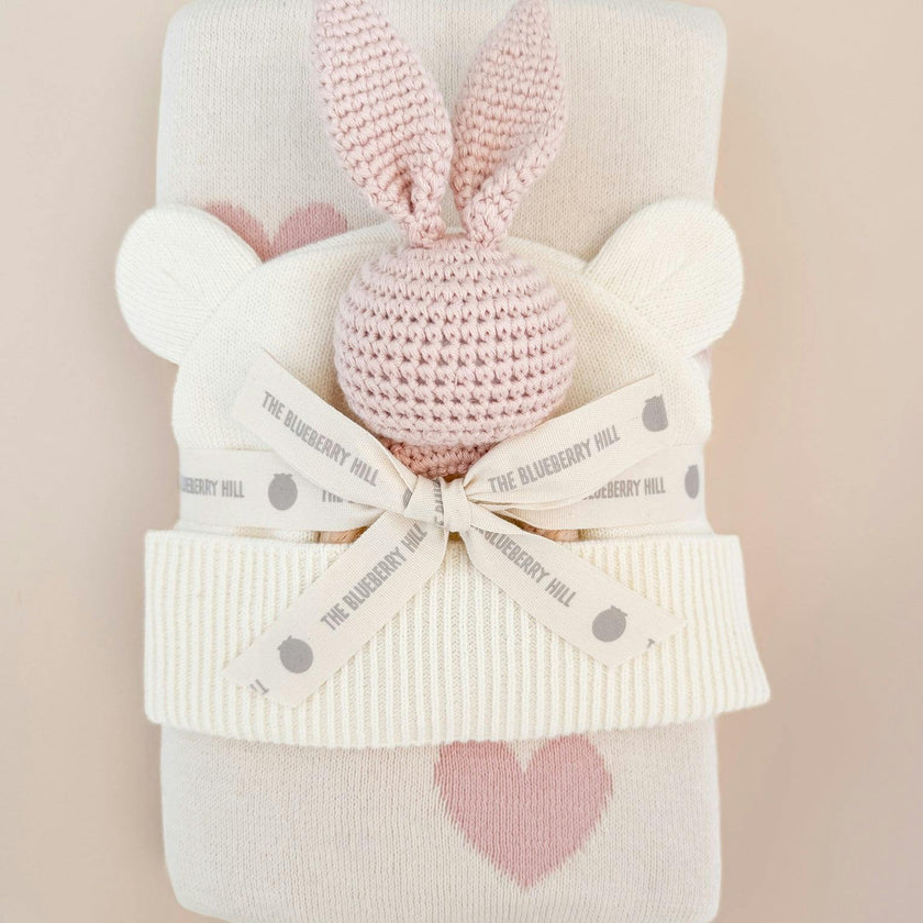 Heart I Love You Blanket and Bunny Rattle Gift Set