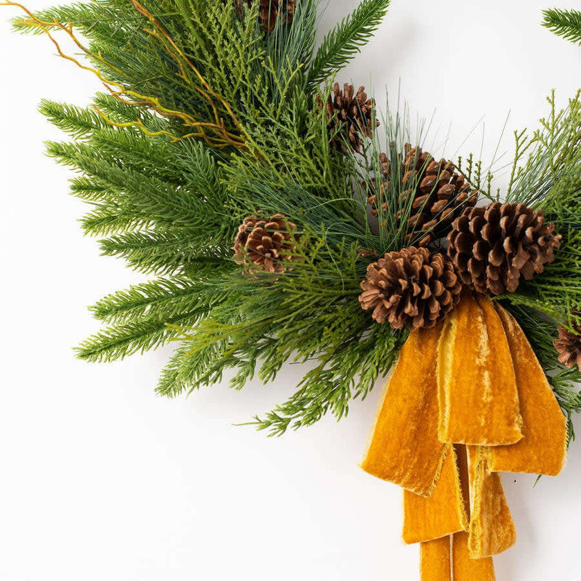 Evergreen Forest Mixed Greens & Pine Cone Holiday Winter Front Door Crest Christmas Wreath with Gold Velvet Bow