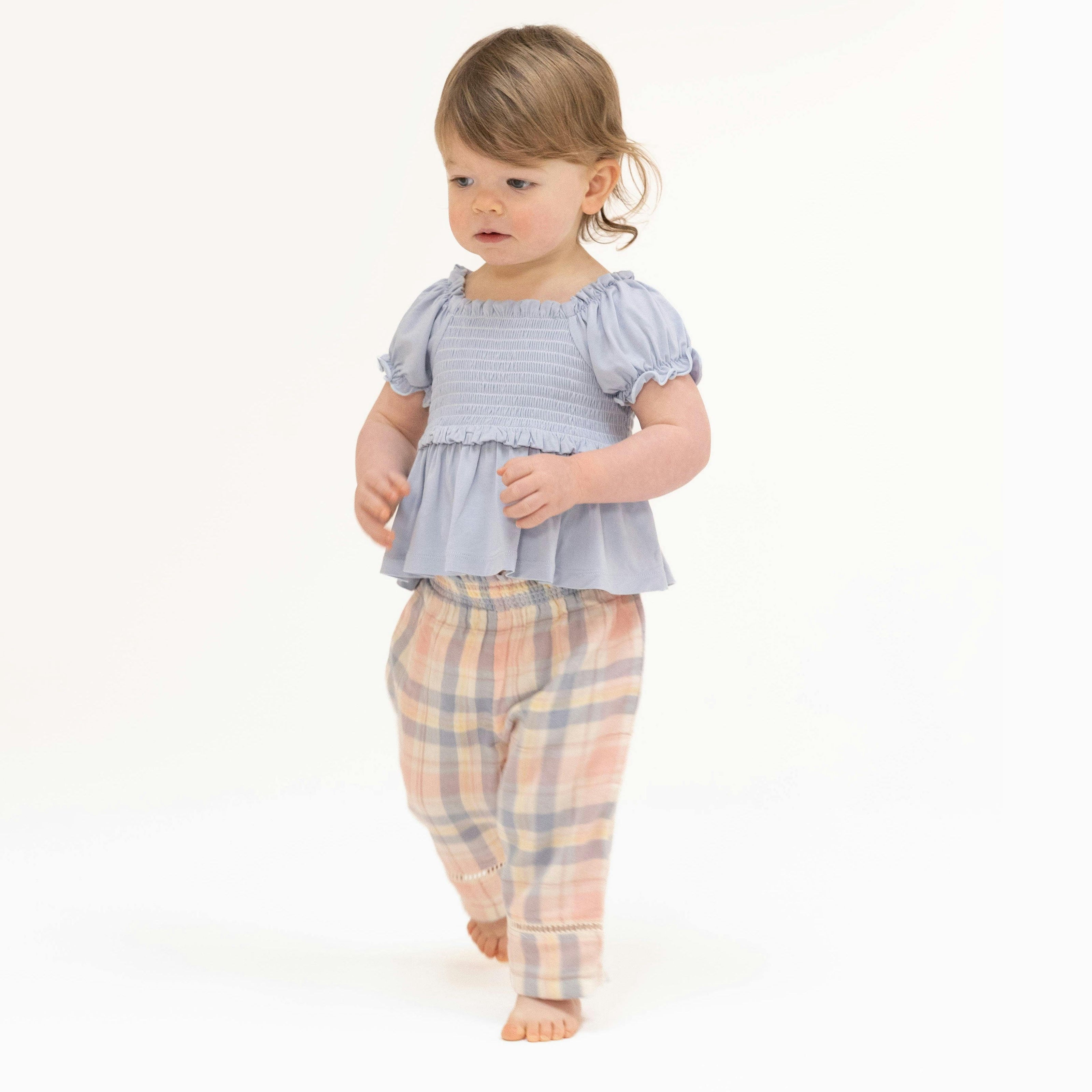 Dusty Plaid - Smocked Blouse and Pant Set