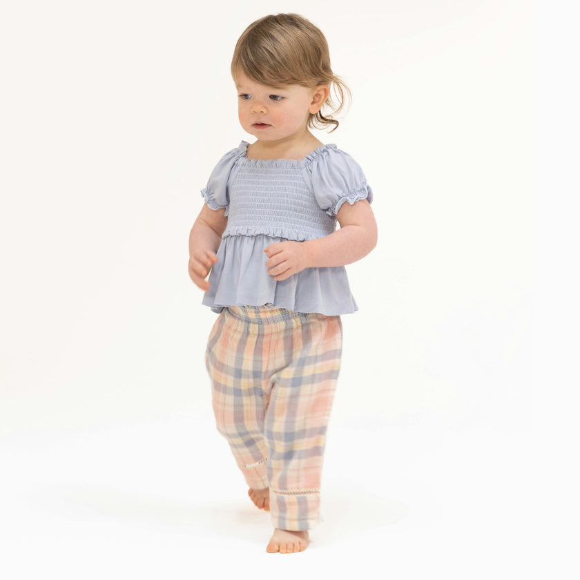 Dusty Plaid - Smocked Blouse and Pant Set