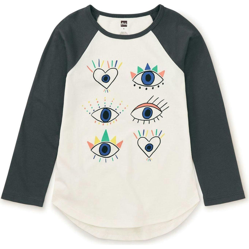 Eyes On You Print Two Tone Raglan Long Sleeve T-Shirt, White