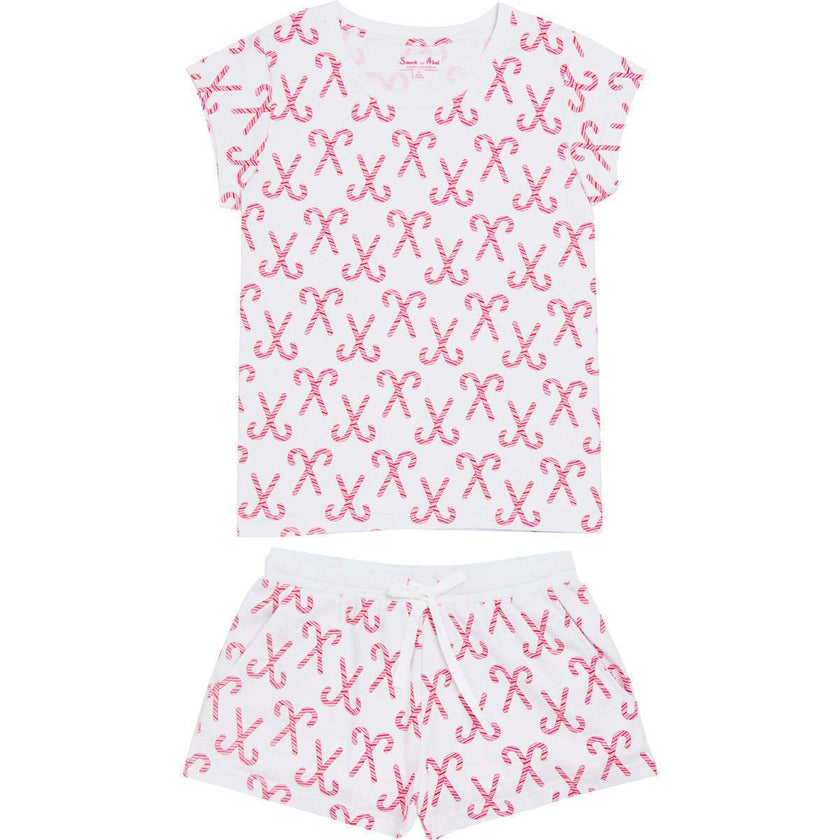 Women's Candy Cane Short PJ Set - Red White Organic Stretch Jersey Knit Cotton