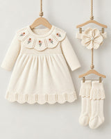 Ivory Knit Baby Dress Set with Floral Embroidery, Headband & Socks – 3 Piece