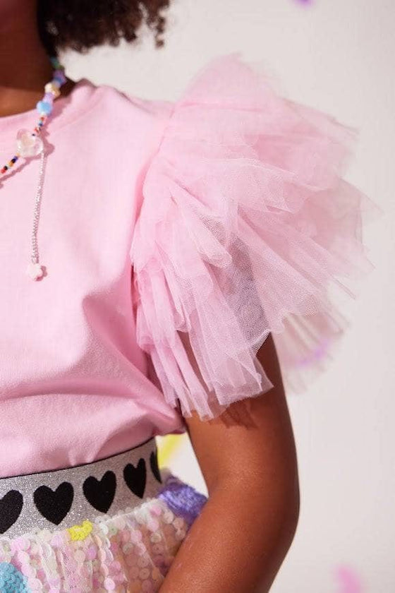 Tulle Layered Ruffle Sleeve Crew Neck Tee