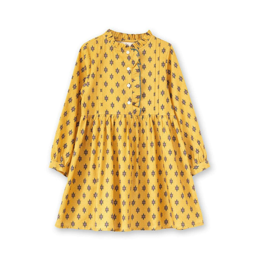 Girls All-Over Print Front Ruffle Long Sleeve Dress