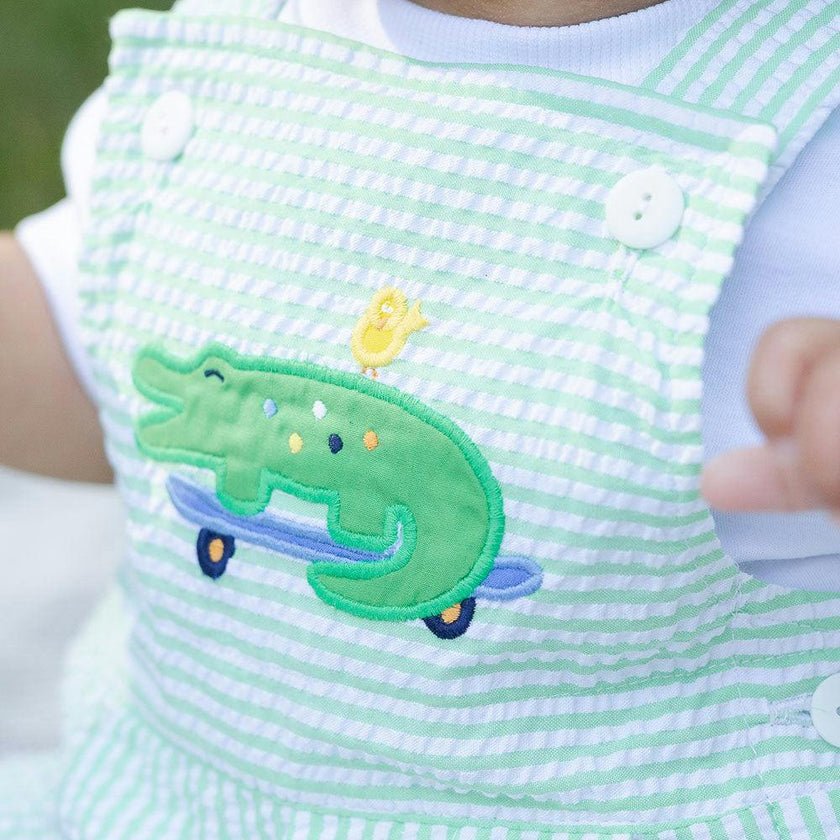Seersucker Shortall With Skateboarding Gator
