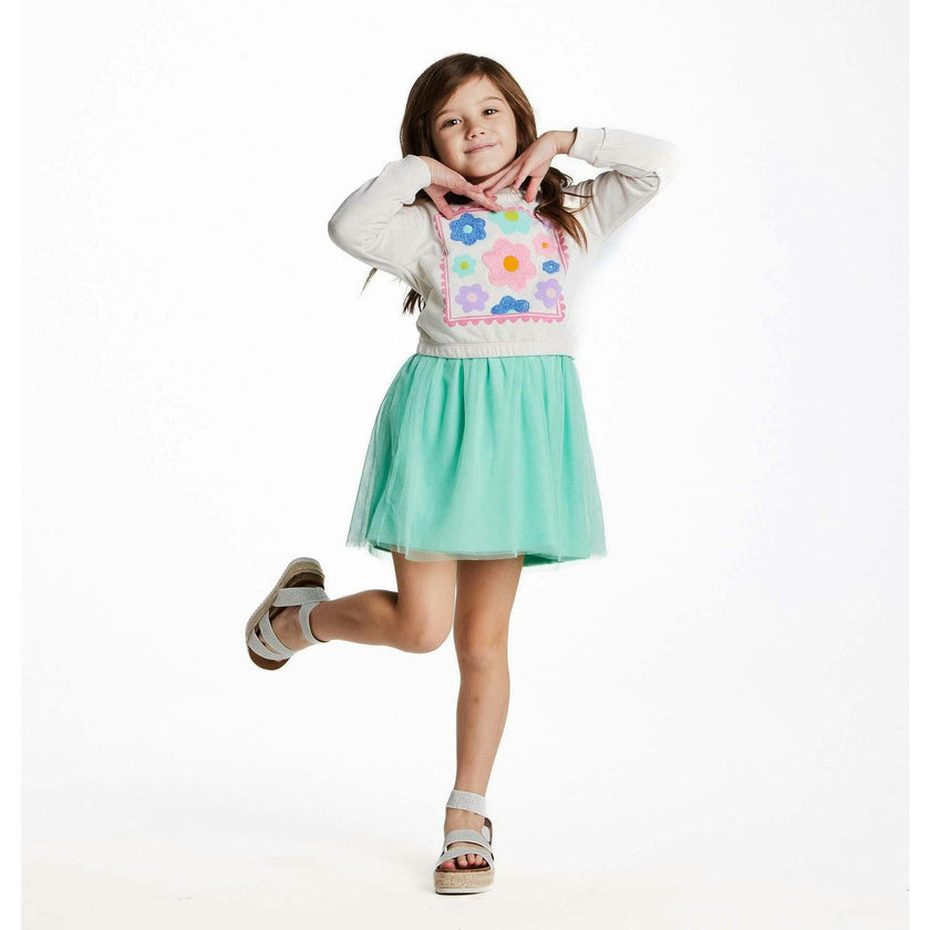 Girls Chenille Floral Sweatshirt & Tulle Tank Dress Set | Aqua
