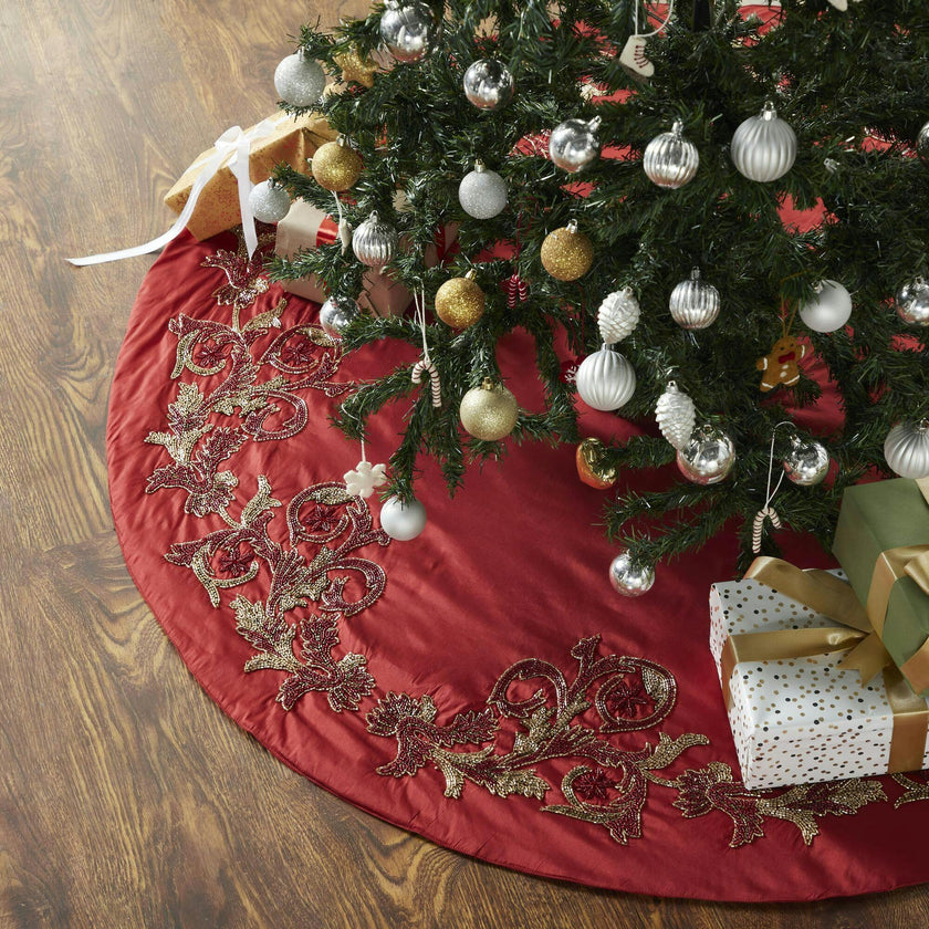 Imperial Design Hand Beaded Red Christmas Tree Skirt Red 60"