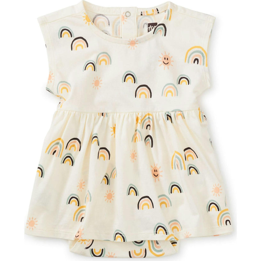 Printed Cap Sleeve Bodysuit Dress, Cream