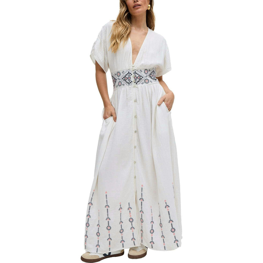 Sally Ann Button Down Embroidery Maxi Dress